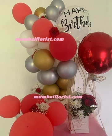 Custom made happy birthday metallic balloons white gold silver with box of flowers