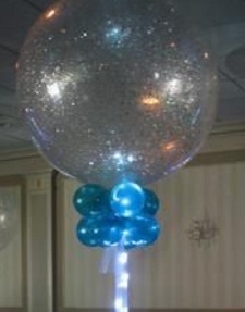 Transparent Balloon with blue paper confetti inside and blue balloons tied to stick with led light