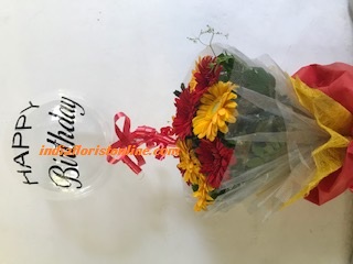 Happy Birthday printed transparent balloon 10 Gerberas in a bouquet