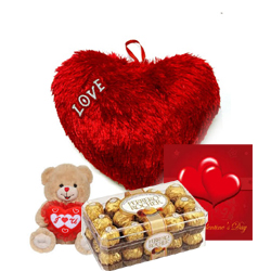 Valentine heart 8 inches, Teddy 6 inches with ferrero Chocolate box and card