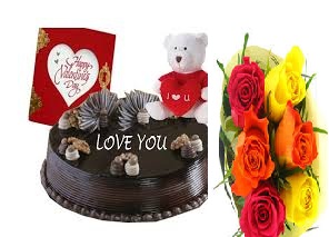 1/2 kg chocolate cake icing i love you with teddy card and 6 mix roses