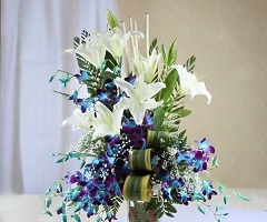 2 Feet Blue orchids White lilies and curled  draceana leaves