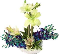 2 Feet Blue orchids White lilies and curled  draceana leaves
