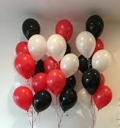 15 Gas filled red and white black Balloons tied to ribbons