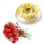 1 kg eggless Pineapple Cake and 4 roses