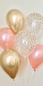 10 Gas filled rose gold confetti Balloons tied to ribbons