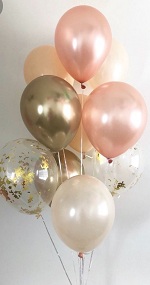 10 Gas filled rose gold confetti Balloons tied to ribbons