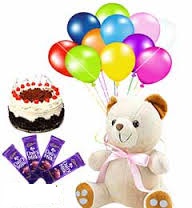 6 inch teddy with 12 air balloons 1/2 kg black forest cake and 4 chocolates