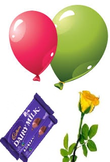 2 Blown balloons 5 Red roses hand tied 1 Dairy milk chocolate bar