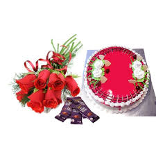 6 Red Roses 5 dairy Milk 1/2 Kg Strawberry Cake