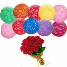 12 Red roses bouquet with 10 Air Filled Balloons