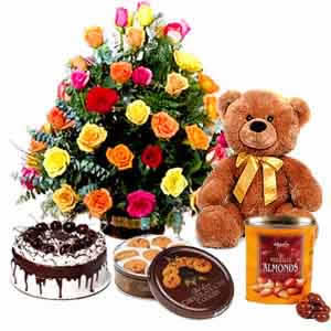 Basket 24 mix roses, 1/2 kg cake, teddy, cookies and chocolates