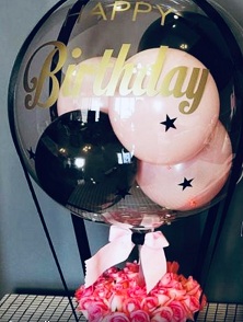 Pink black Balloon inside clear bubble balloon with 20 pink red roses