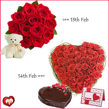 Day 1 12 red roses and teddy Day 2 50 red roses heart with 1 kg heart cake and card