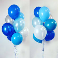 10 Gas filled blue white Balloons tied to ribbons