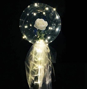 Clear transparent bubble with white rose white wrapping and lights