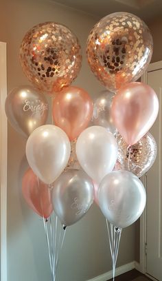 20 Gas filled rose gold confetti Balloons tied to ribbons