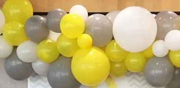 20 Gas filled yellow silver white Balloons tied to ribbons
