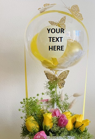 Transparent Balloon Printed WITH YOUR TEXT in 3 words only Tied with basket of roses
